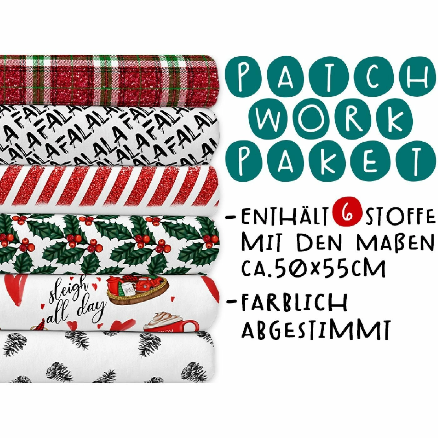 XL Patchworkpaket, 6 Designs, Christmas, Stoffpaket Baumwolle, Hochwertige Popeline 1 XL Patchworkpaket, 6 Designs, Christmas, Stoffpaket Baumwolle, Hochwertige Popeline