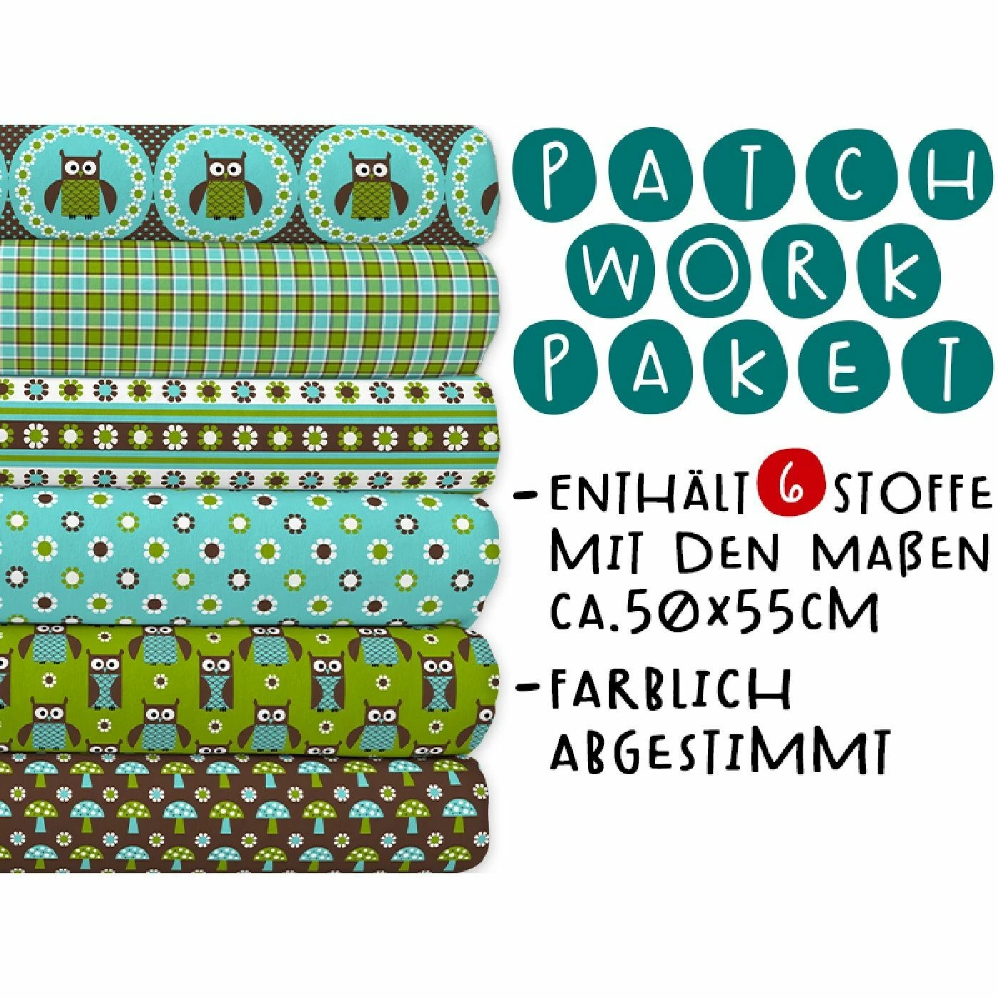 XL Patchworkpaket, 6 Designs, Eule, Stoffpaket Baumwolle, Hochwertige Popeline 1 XL Patchworkpaket, 6 Designs, Eule, Stoffpaket Baumwolle, Hochwertige Popeline