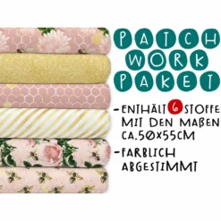XL Patchworkpaket, 6 Designs, Rosen, Stoffpaket Baumwolle, Hochwertige Popeline