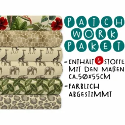 XL Patchworkpaket, 6 Designs, Safari, Stoffpaket Baumwolle, Hochwertige Popeline