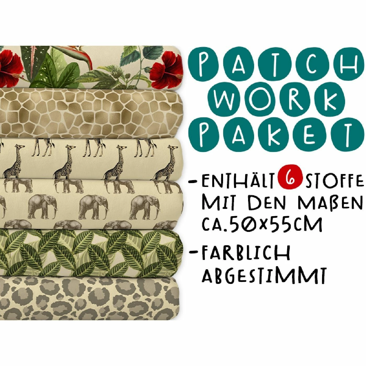 XL Patchworkpaket, 6 Designs, Safari, Stoffpaket Baumwolle, Hochwertige Popeline 1 XL Patchworkpaket, 6 Designs, Safari, Stoffpaket Baumwolle, Hochwertige Popeline